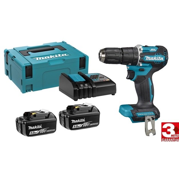Makita DHP487RTJ bešepetėlinis akumuliatorinis smūginis gręžtuvas su 18V 2x5Ah