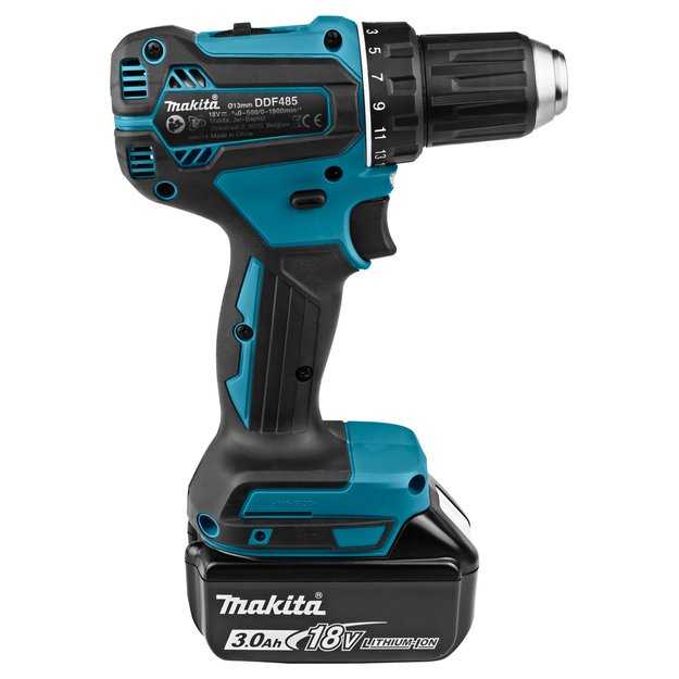 Makita DDF485RFJ bešepetėlinis akumuliatorinis gręžtuvas su 18V 2 x 3Ah akumuliatoriais