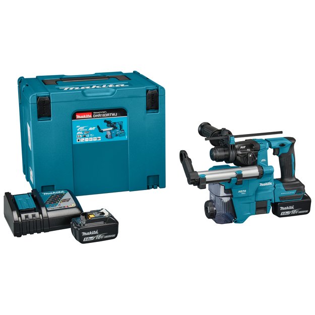 Makita DHR183RTWJ akumuliatorinis perforatorius su DX16 dulkių surinkimo sistema 18Vx2 5,0Ah