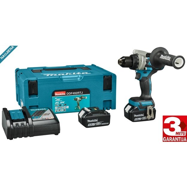 Makita DDF492RTJ akumuliatorinis suktuvas-gręžtuvas 141Nm su 18V 2x5.0 Ah Li-Ion.