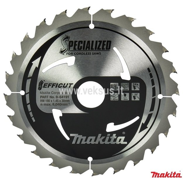 Makita 190X1.45X30mm 23° T24 T.C.T. pjūklas EFFICUT B-64191