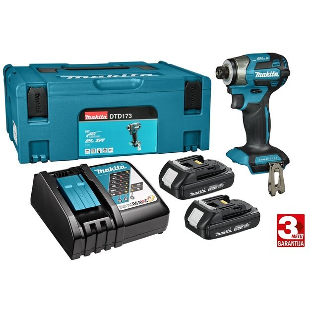 Makita DTD173RAJ bešepetėlinis akumuliatorinis smūginis suktuvas su 18V 2x2.0Ah