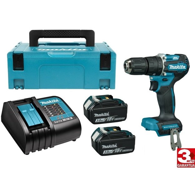 Makita DHP487SFJ bešepetėlinis akumuliatorinis smūginis gręžtuvas su 18V 2x3,0Ah