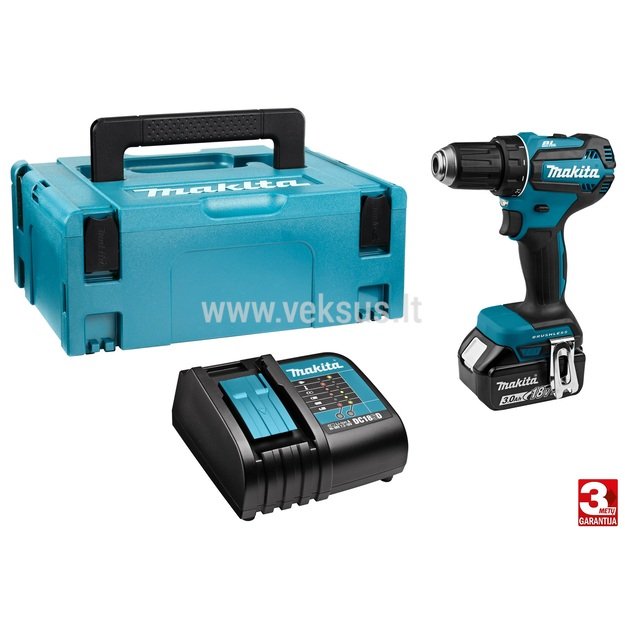 Makita DDF485SF1J bešepetėlinis akumuliatorinis suktuvas-gręžtuvas 18V 1x3,0Ah