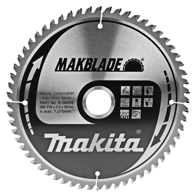 Makita diskas 216X2X30mm 5° T60 T.C.T. pjūklas B‑32839 (B‑09058)