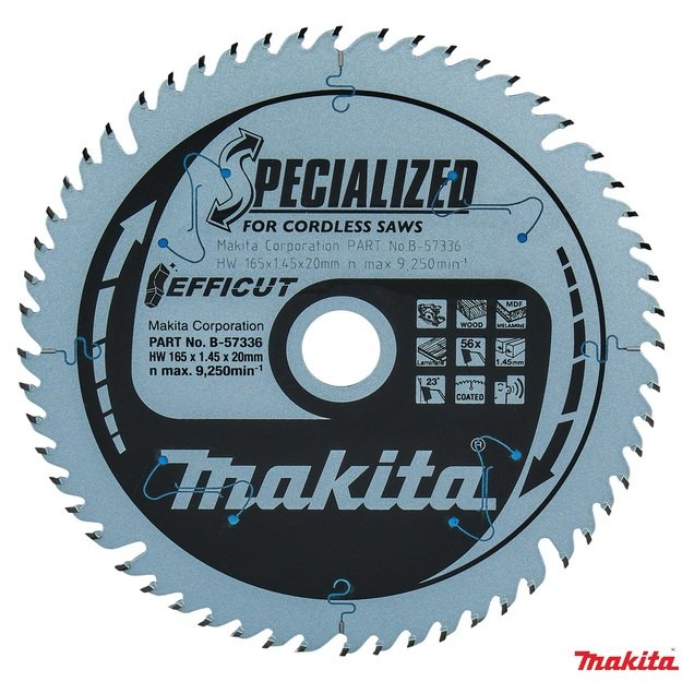 Makita T.C.T. pjūklas medienai/MDF/laminatui 165X1.45X20mm 23° T56 EFFICUT B-57336