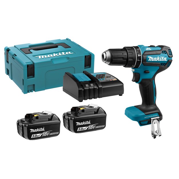 Makita DHP485Z bešepetėlinis akumuliatorinis smūginis gręžtuvas su 18V 2x5.0Ah