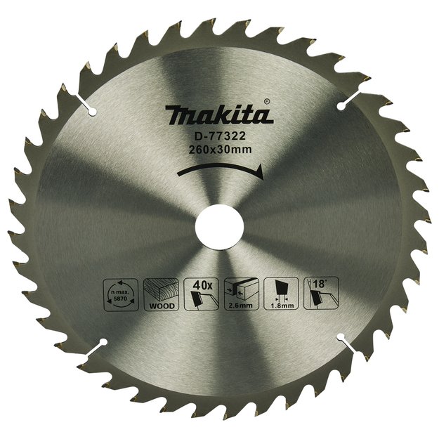 Makita T.C.T. pjūklas 260X2.6X30mm 18° T40 Standartiniai medienai D-77322