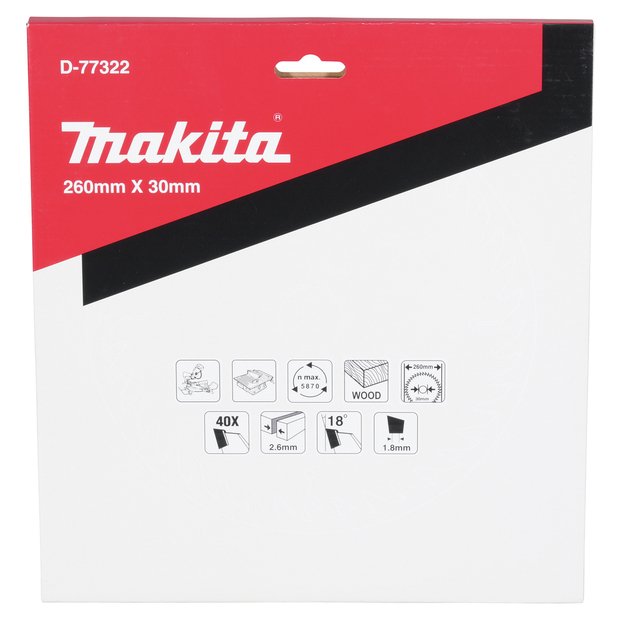 Makita T.C.T. pjūklas 260X2.6X30mm 18° T40 Standartiniai medienai D-77322