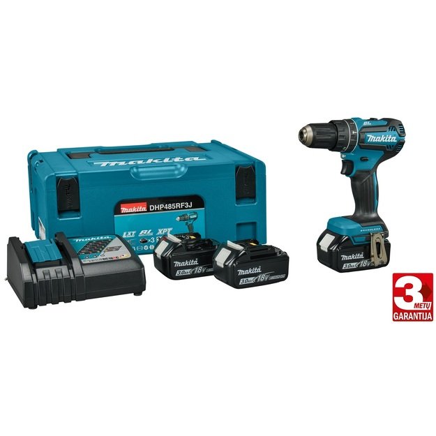 Makita DHP485RF3J bešepetėlinis akumuliatorinis smūginis suktuvas-gręžtuvas su 18V 3x3.0Ah
