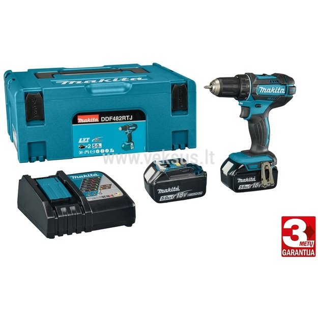 Makita DDF482RTJ gręžtuvas - suktuvas su 18 V Li-Ion. 2 x 5 Ah 