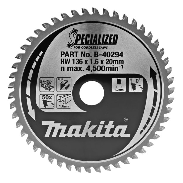 T.C.T. pjūklas aliuminiui 136X1.6X20mm 0° T50 SPECIALIZED