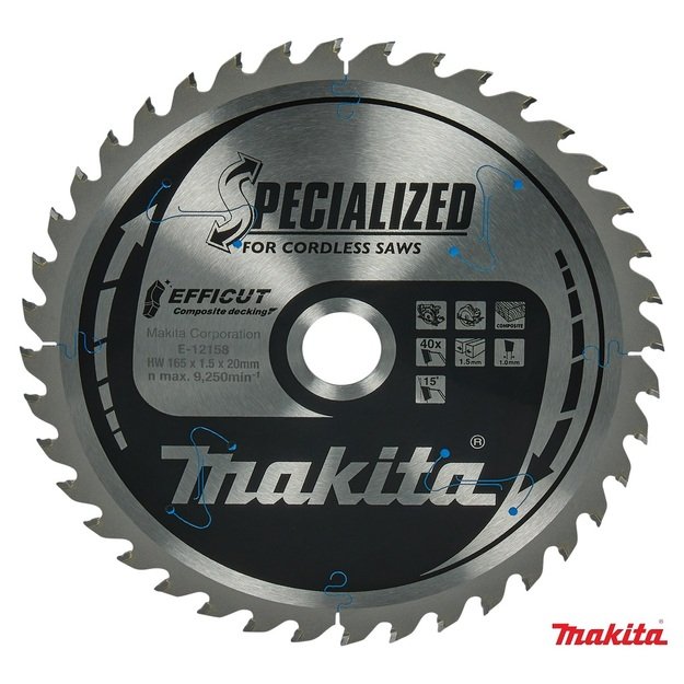 Makita E-12158 T.C.T. pjūklas 165X1.5X20mm 15° T40 EFFICUT klijuotoms plokštėms