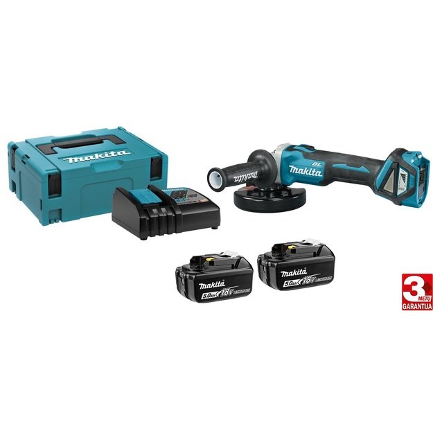Makita DGA511RTJ Akumuliatorinis kampinis šlifuoklis su 18V 2x5,0Ah