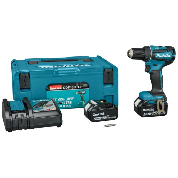 Makita DDF485RTJ bešepetėlinis akumuliatorinis gręžtuvas su 18V 2 x 5Ah akumuliatoriais