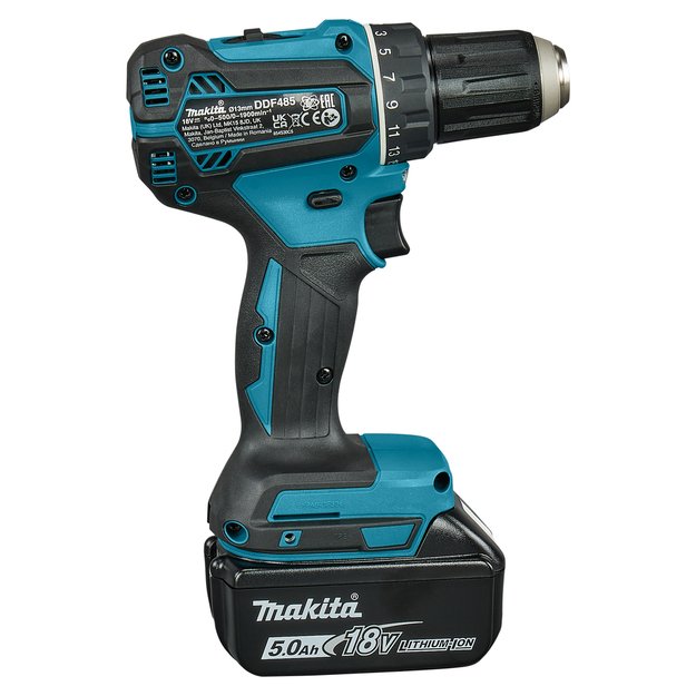 Makita DDF485RTJ bešepetėlinis akumuliatorinis gręžtuvas su 18V 2 x 5Ah akumuliatoriais