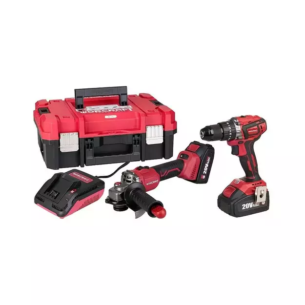Worcraft akumuliatorinio suktuvo-gręžtuvo ir kampinio šlifuoklio rinkinys 20V LI-ION 2x4,0Ah