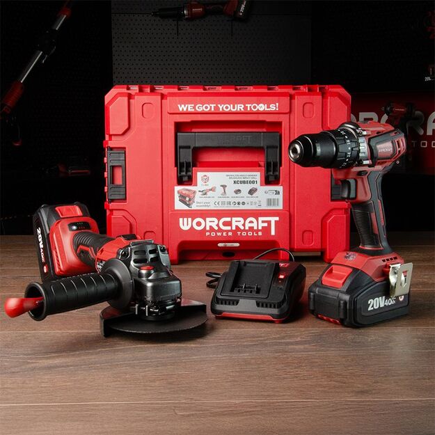 Worcraft akumuliatorinio suktuvo-gręžtuvo ir kampinio šlifuoklio rinkinys 20V LI-ION 2x4,0Ah
