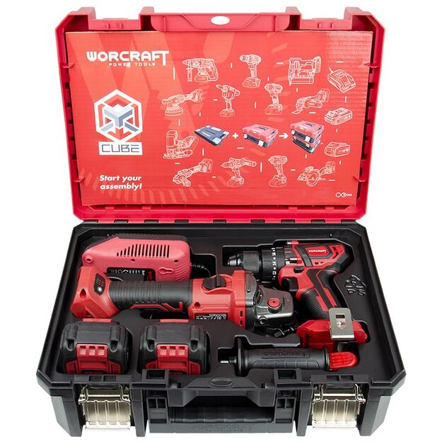 Worcraft akumuliatorinio suktuvo-gręžtuvo ir kampinio šlifuoklio rinkinys 20V LI-ION 2x4,0Ah